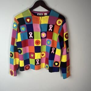 Acorn Patchwork Sweater Rainbow Knit Cardigan Breast Cancer Ribbon M Unique